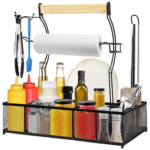 sunmeg Grill Caddy for Camping Outdoor BBQ Organizer with 2 Paper Towel Holders, Picnic Condiment Utensil Caddy with 8 Compartments Storage Tool Gift for RV Camper/Tailgate Essentials/Flatware Must