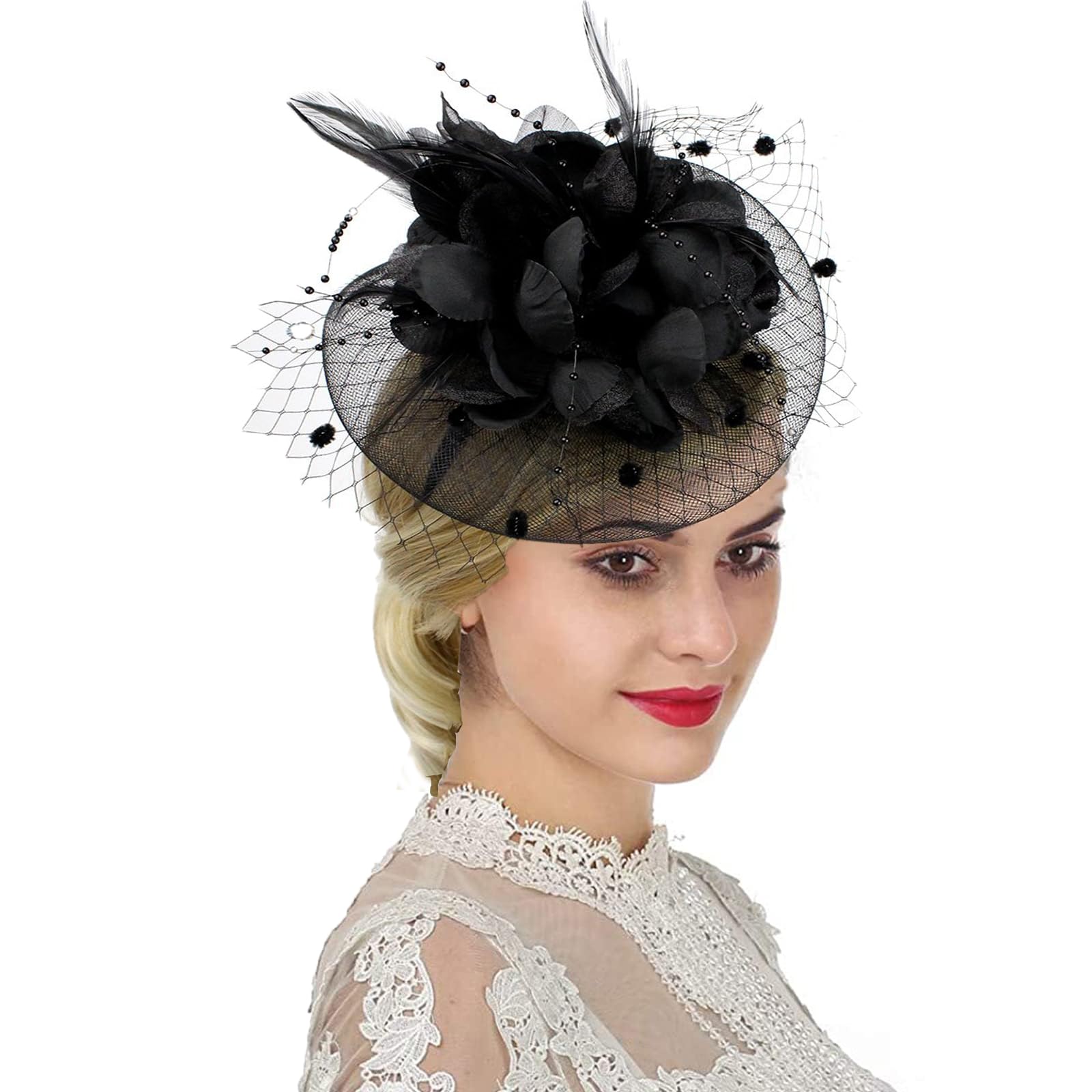 Women Fascinator Veil Hat Flower Feather Mesh Net Bridal Dot Veil Headpiece with Hair Clip and Headband Ladies Wedding Party Costume Headwear Fancy Dress Hair Accessories for Cocktail Party Ascot Race