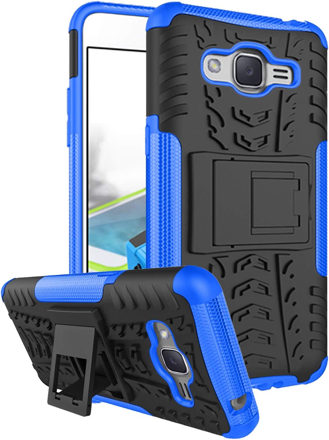 RioGree Phone Case for Samsung Galaxy J2 Prime/Grand Prime Plus/G530 Heavy Duty Cell Shockproof with Kickstand Cover Skin TPU, Blue