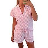Seyurigaoka Womens Heart Print Pajamas Shorts Set Short Sleeve Sleepwear Loungewear Button-Down 2 Piece Pjs Set