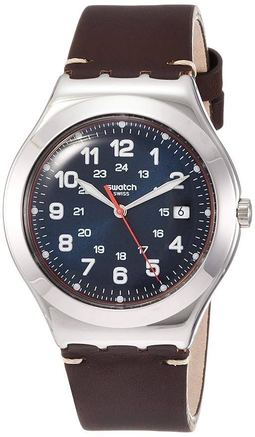 Swatch Herren Analog Quarz Uhr mit Leder Armband YWS440
