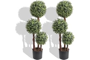 DAMOMO 3ft Artificial Topiary Boxwood Ball Trees, Fake Topiaries Triple Ball Tree Outdoor, 35inch Faux Boxwood Plants Potted Green Decorative Indoor or Garden (2 Pieces)