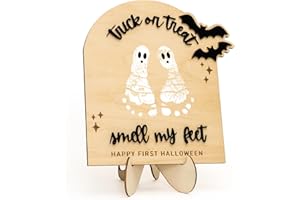RUSATEN Baby’s First Halloween DIY Footprint Kit – Trick or Treat Wooden Milestone Card Keepsake Sign – Baby halloween Nursery Tabletop Décor, Newborn, halloween Kids stuff