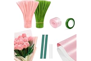 SINGOMON 200PCS Pipe Cleaners Flower kit with Wrapping Paper Can DIY 16PCS Pink Tulip Artificial Tulips Chenille Stems Green 