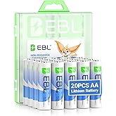 EBL Lithium AA Batteries 20 Pack, 3000mAh 1.5V AA Lithium Batteries High Performance Constant Volt Non-Rechargeable Batteries for Blink Security System,Smart Lock,High-Tech Devices.