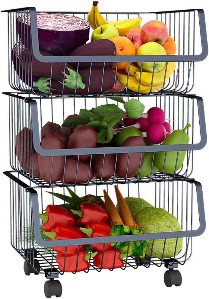 Kitchen Storage Trolley Fruit Vegetable 3 Tier Basket Organizer Stand ...