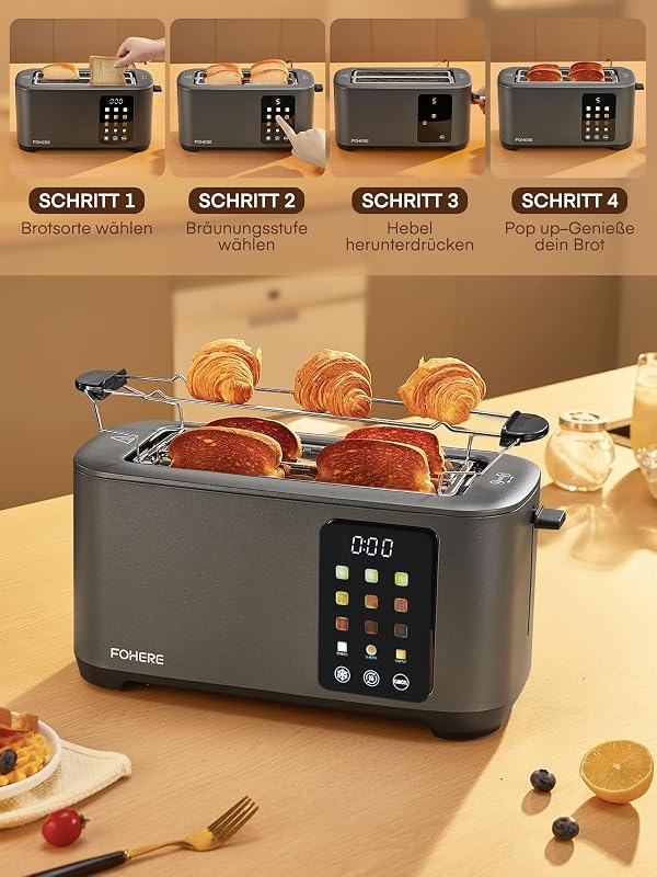 Toaster 4 Scheiben, 1400W Edelstahl Langschlitz Toaster, 9 Farbeinstellungen und 3 Brotsorten, Abbruch/Auftau/Aufwärmfunktion,Touchscreen Bedienung, mit Brötchenaufsatz, Grau — Foto 8 von 8