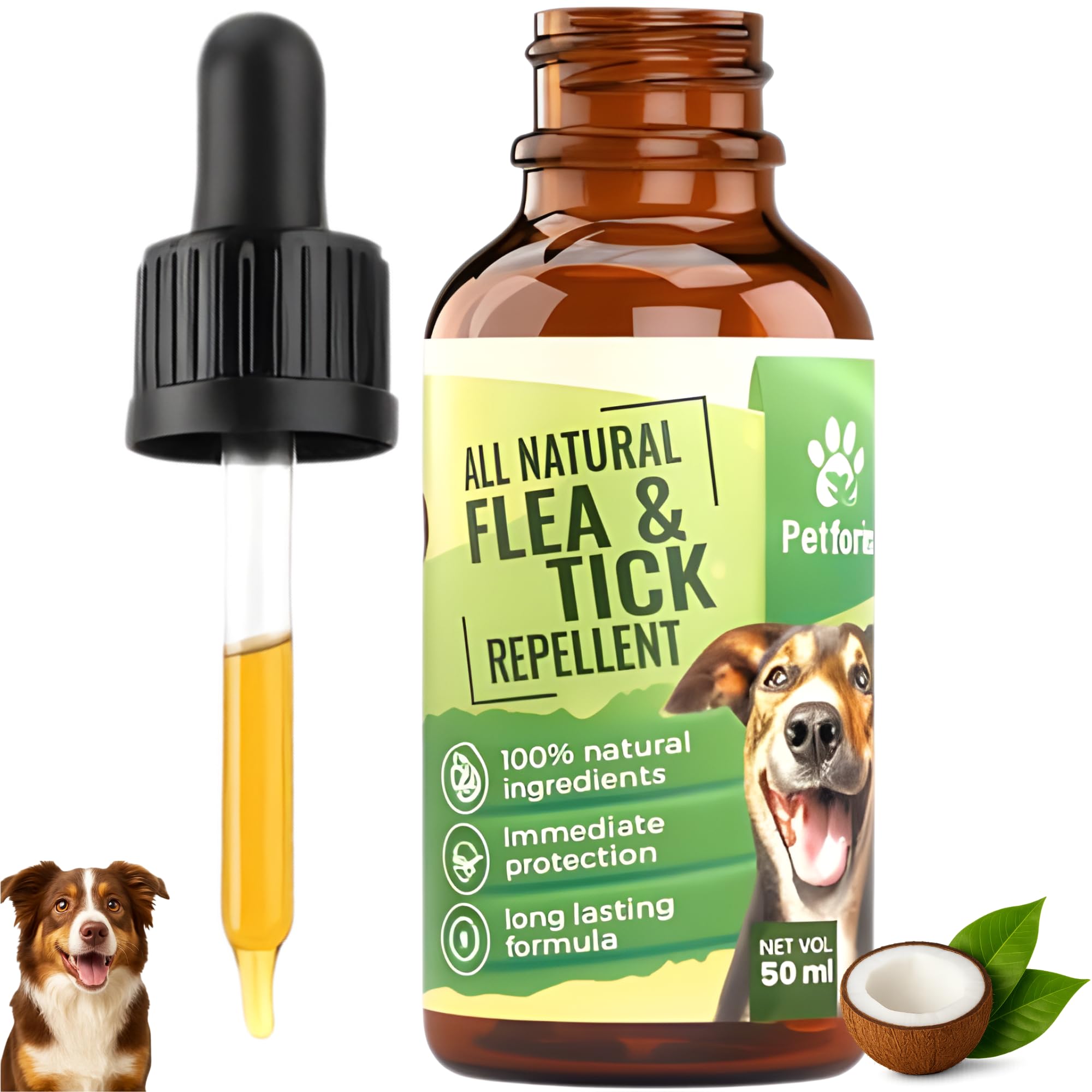 Flea & Tick Treatment for Dogs 50ml, Natural Repellent – Spot-On Essential Oil Formula with Citronella & Neem – Long-Lasting, Puppy Safe Plant-Based Protection Against Fleas & Ticks by Petforia