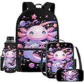 SCRAWLGOD Cartoon Axolotl Backpack with Lunch Box Kids Girls 6-8/7-8 Primary School Bookbag and Lunch Bag Set 4 in 1 Elementary Book Bags Lunchbox Water Bottle Holder Pencil Case Primary Back Pack