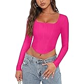 REORIA Womens Trendy Sexy Square Neck Long Sleeve Backless Y2K Going Out Boned Bustier Corset Crop Tops
