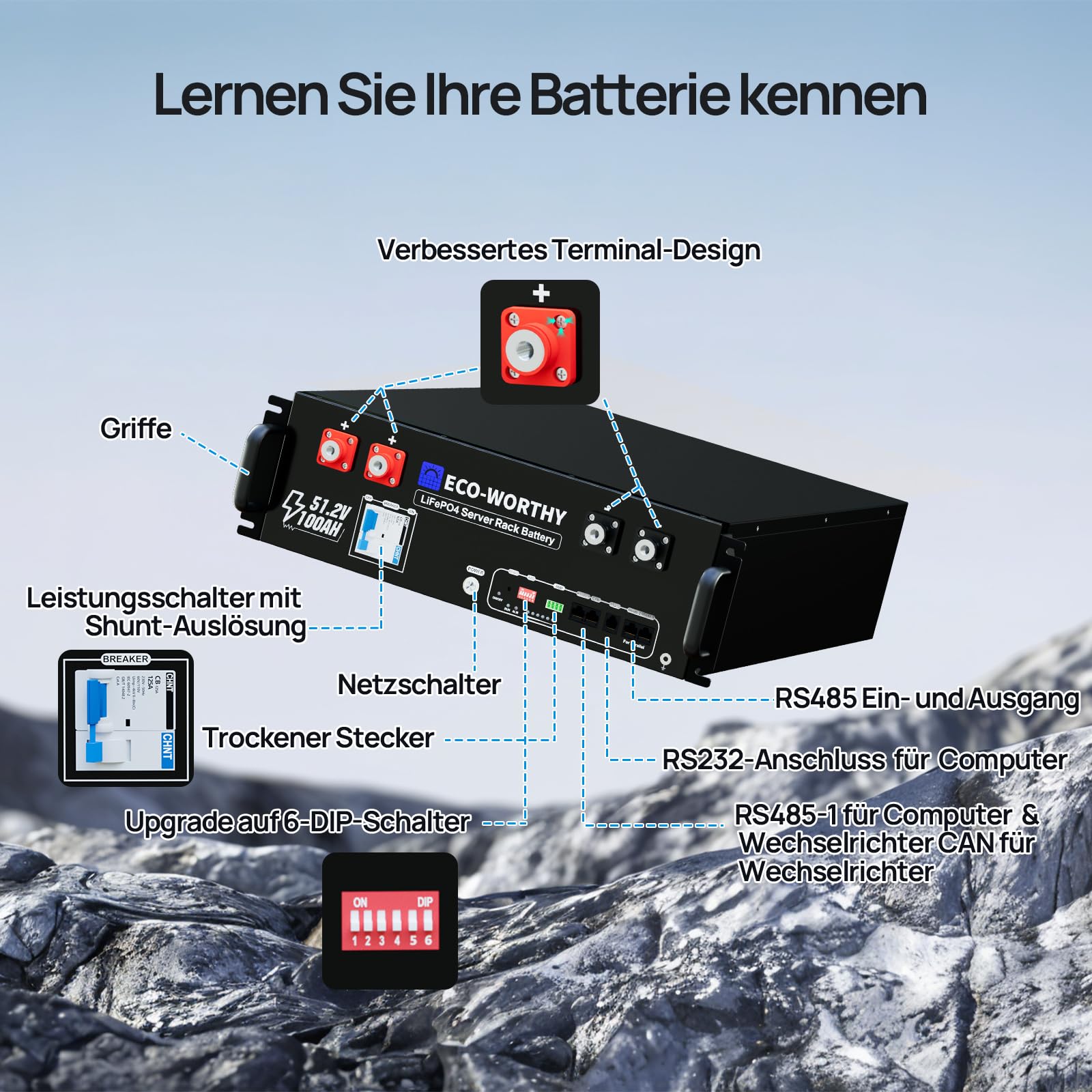 ECO-WORTHY LiFePO4 48V 100Ah Bluetooth mit 100A BMS,5.12KWh 48V Lithiumbatterie Serverschrank Solarbatterie für Solaranlage Komplettset,Photovoltaikanlage,IEC 62619 3