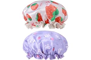 BOHUIZ Kids Shower Caps, 2 PCS Waterproof Double Layers Shower Caps Cute Rabbit Bonnets Elastic Band Bonnet Satin and Eva Soft Kids Sleeping Cap Reusable Shower Cap for Kid(Purple + Yellow)
