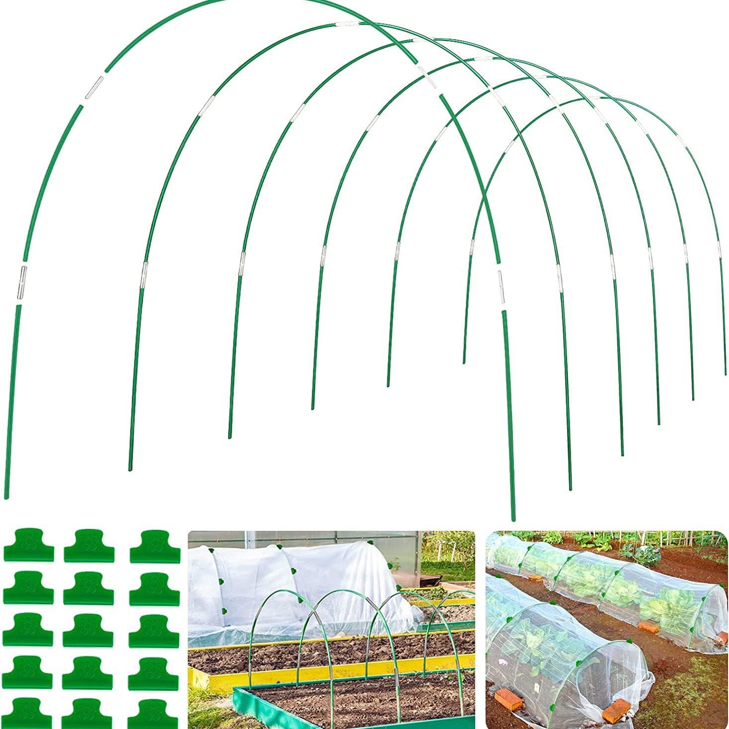 Greenhouse Hoops Grow Tunnel 30 Pcs 16 Inch Up to 6 Sets of 7ft Long Plastic-Coated Rust-Proof Fiberglass Garden Hoops for Raised Beds with 25 Pcs Metal Connect Pipes and 20 Clamps (A)