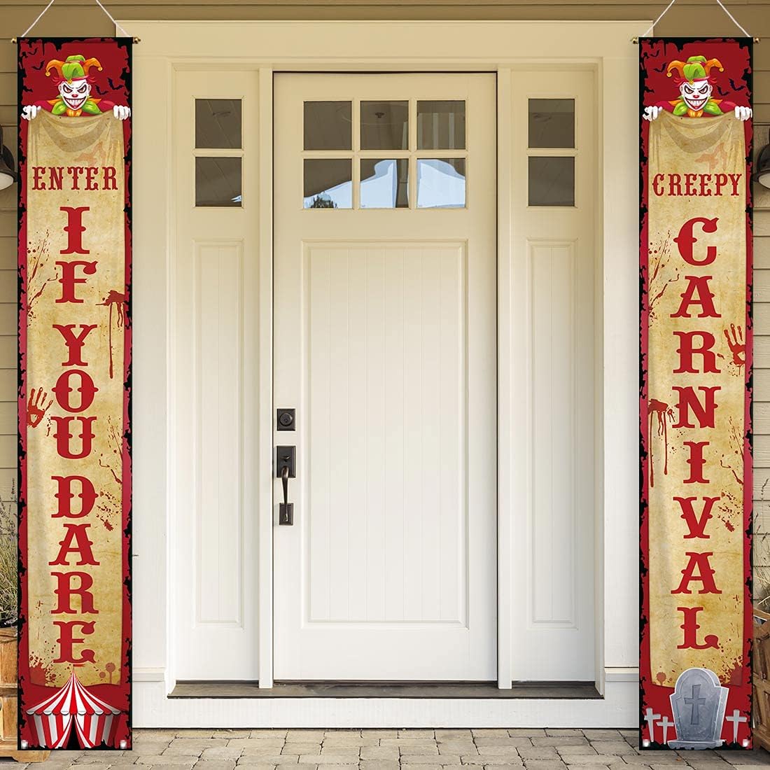 Yard Signs - Allenjoy Halloween Evil Circus Porch Banner Creepy Carnival Party Decor Set Scary Clown Hallowmas Festival Holiday Outdoor Indoor Wall Hanging Yard Sign Event Supplies Wrinkle Free 11.8x70.9in 2pcs