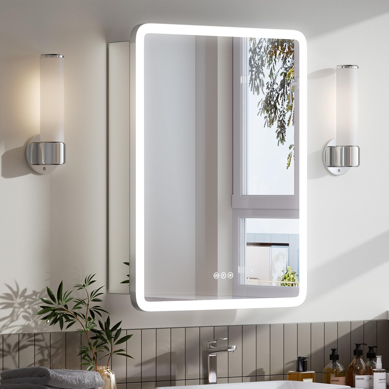 Photo 1 of TIFULLHOME 20x28 LED Medicine Cabinet with Mirror (Left-Hinged), Rounded, Plug-in or Hardwired, 2 Outlets +1 USB +1 Type-C, Recessed or Surface, 3 Colors/Dimmable/Inner Sensor Light/Defog, 2 Shelves