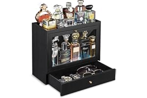 Emfogo Cologne Organizer for Men, Solid Wood Perfumes Organizer for Men Dresser, Large Capacity Dustproof Cologne Holder with Drawer Storage Perfume Stand Organizer, Ideal Gift for Loved ones