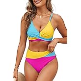 Adisputent Womens High Waisted Bikini Sets Deep V Color Block Swimsuit Triangle Push Up Swimwear Cute Two Piece Bathing Suits