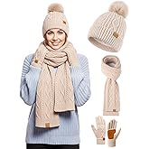 Womens Hat Scarf Gloves Set Winter Warm Thick Soft Long Knit Scarf Fleece Lined Beanie Touchscreen Glove Cold Weather Gift