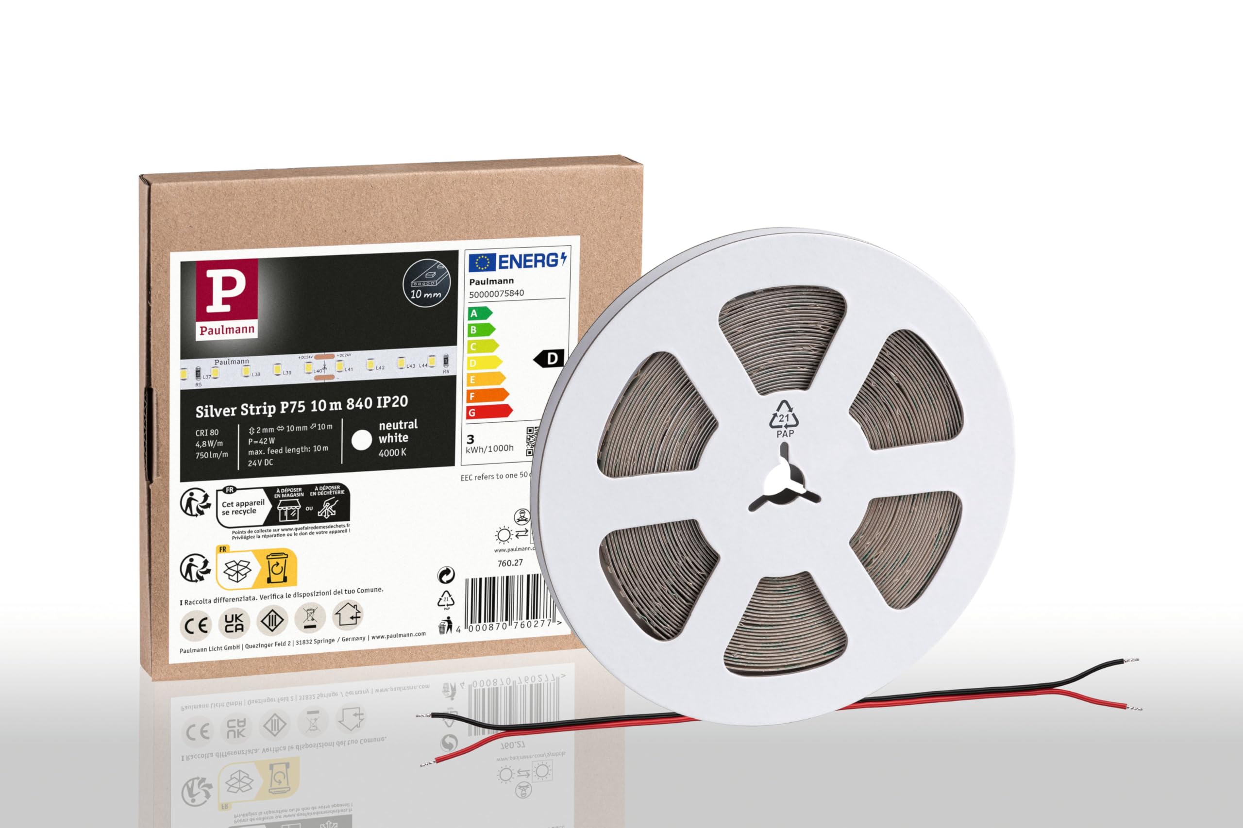 Paulmann 76027 Pro LED Strip Silver P75 840 10m 42W 750lm/m 96 LEDs/m 4000K LED Strip