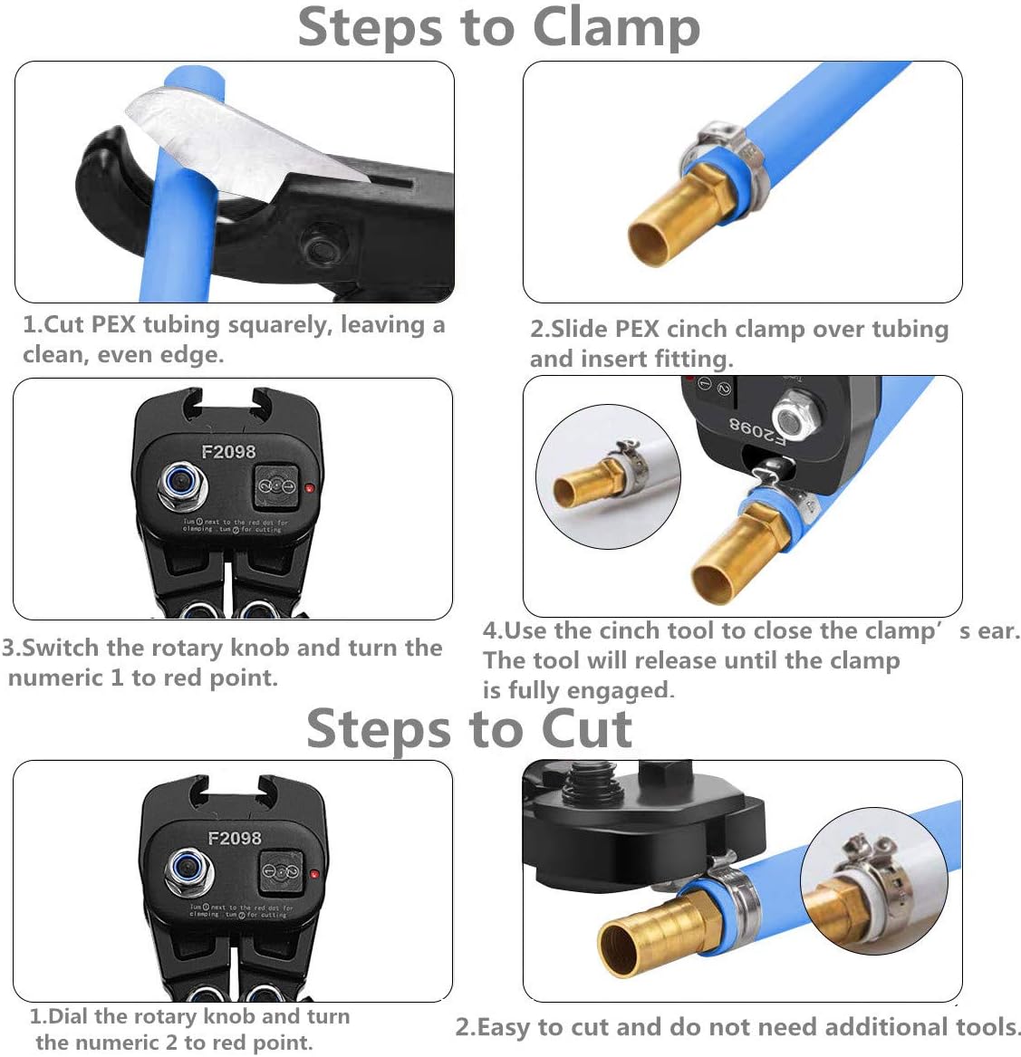 Qibaok PEX Cinch Tool with Removing function for 3/8-inch to 1-inch Stainless Steel Clamps with 1/2-inch 20PCS and 3/4-inch 10PCS and Pex Pipe Cutter - - 
