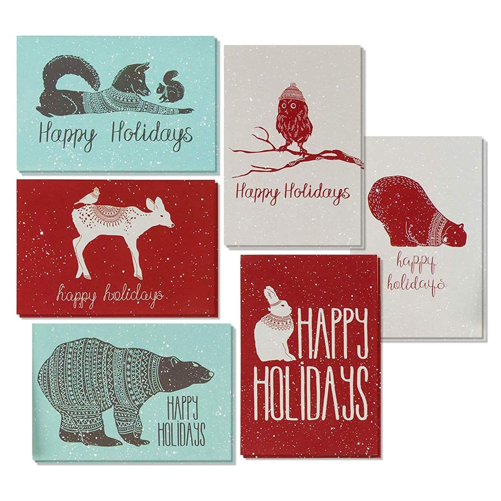 Photo 1 of 48-Pack Greetings Cards - 4x6 Bulk Holiday Cards with Envelopes for Festive Holiday Seasons, Blank Inside, 6 Winter Animals Designs