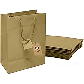 Novel Box Gold Gift Bags with Handles 10 Pack 8x4x10 Inches Large Paper Bulk Gift Bags for Business, Shopping, Birthday, Party Favor - Euro Tote Paper Bag for Groceries & Personal Use