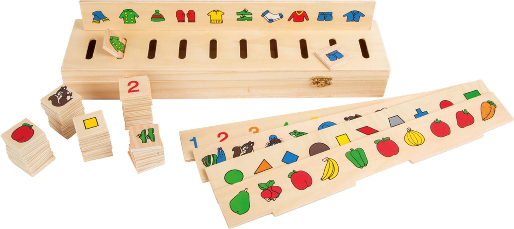 small foot 6494 wooden image sorting box, with 50 symbol plates, trains the recognition of shape and colour, from 3 years on