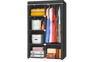 KEKIWE Portable Closet, Wardrobe Closet for Hanging Clothes with 1 Hanging Rods, 6 Storage Organizer Shelves for Bedroom, Quick and Easy to Assembly, 34 x 17.7 x 66 Inches, Black