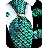 Kerfado 5PCS Tie and Pocket Square for Men, Silk Necktie and Handkerchief Cufflinks with Gold Ring and Lapel Pin Set