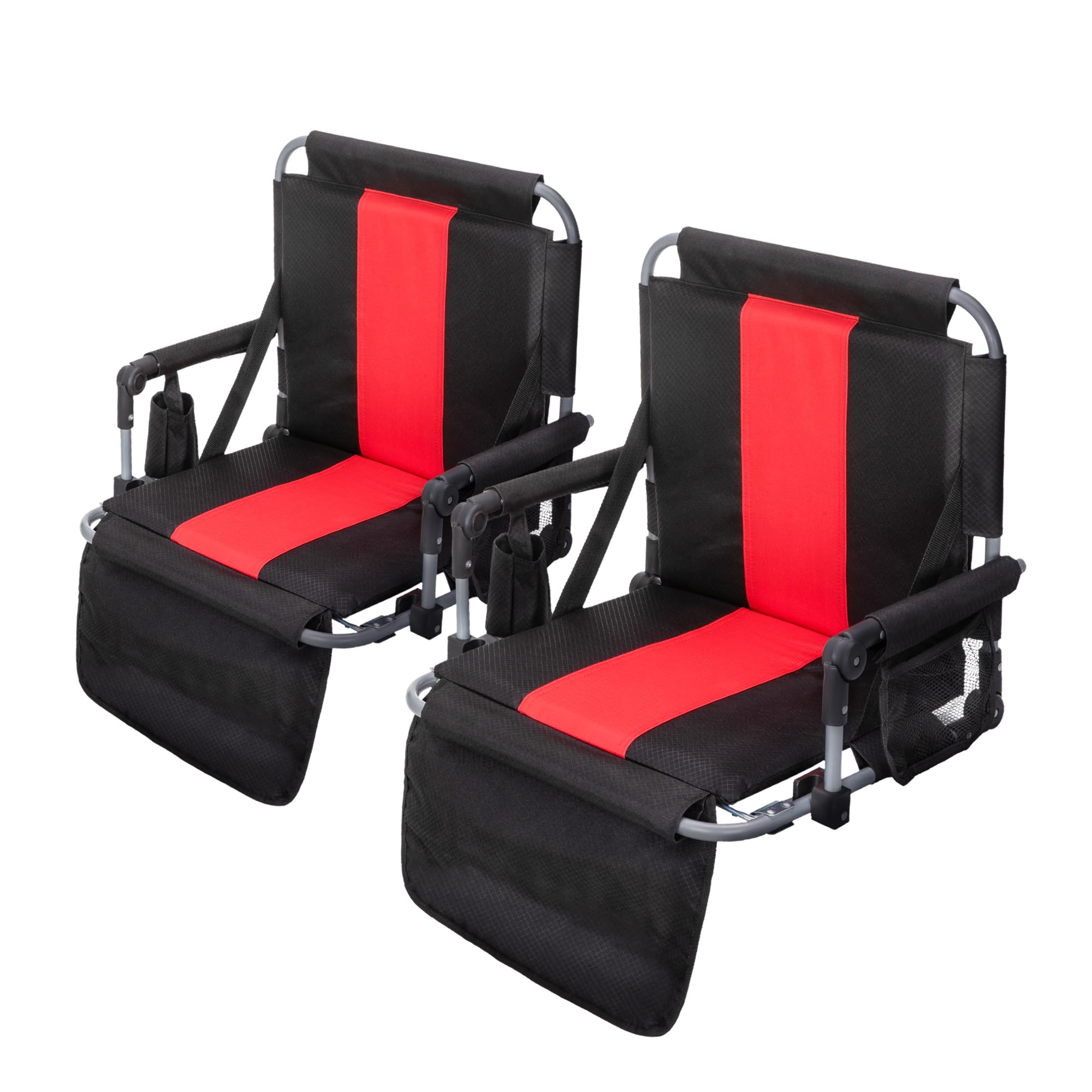 View 1 of **ONLY 1** GREEN PARTY Stadium Seats for Bleachers 2 Pack Portable Outdoor Floor Folding Stadium Chair with Armrest, Back Support, Cup Holder, Mesh Bag and Hide Hooks, Black Red