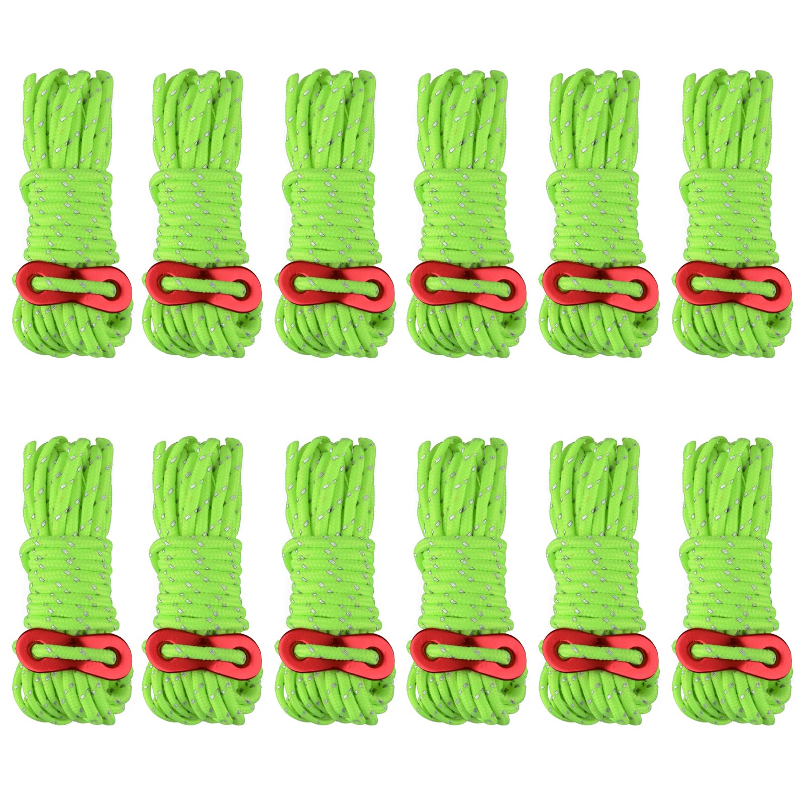 TRIWONDER Reflective Guy Ropes with Tensioners 4mm Guide Ropes 4m Tent Guy Line Cord Tent Paracord Nylon Camping Rope for Tent Tarp (Fluorescent Green - 12 Pcs)