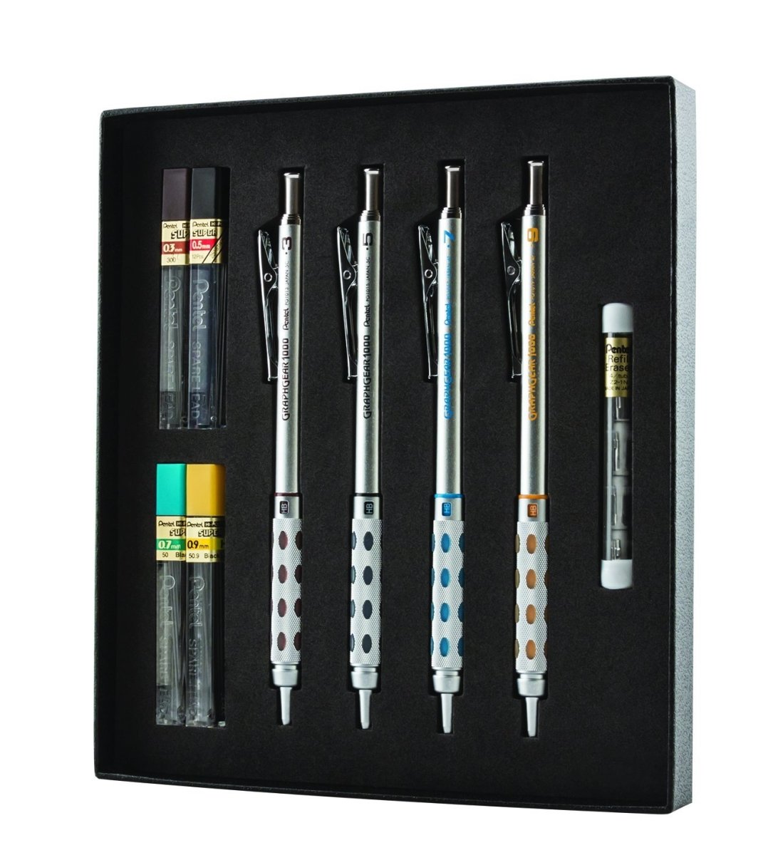 Pentel Arts GraphGear 1000 Juego de regalo premium portaminas con minas de repuesto y borradores (PG1000BXSET)