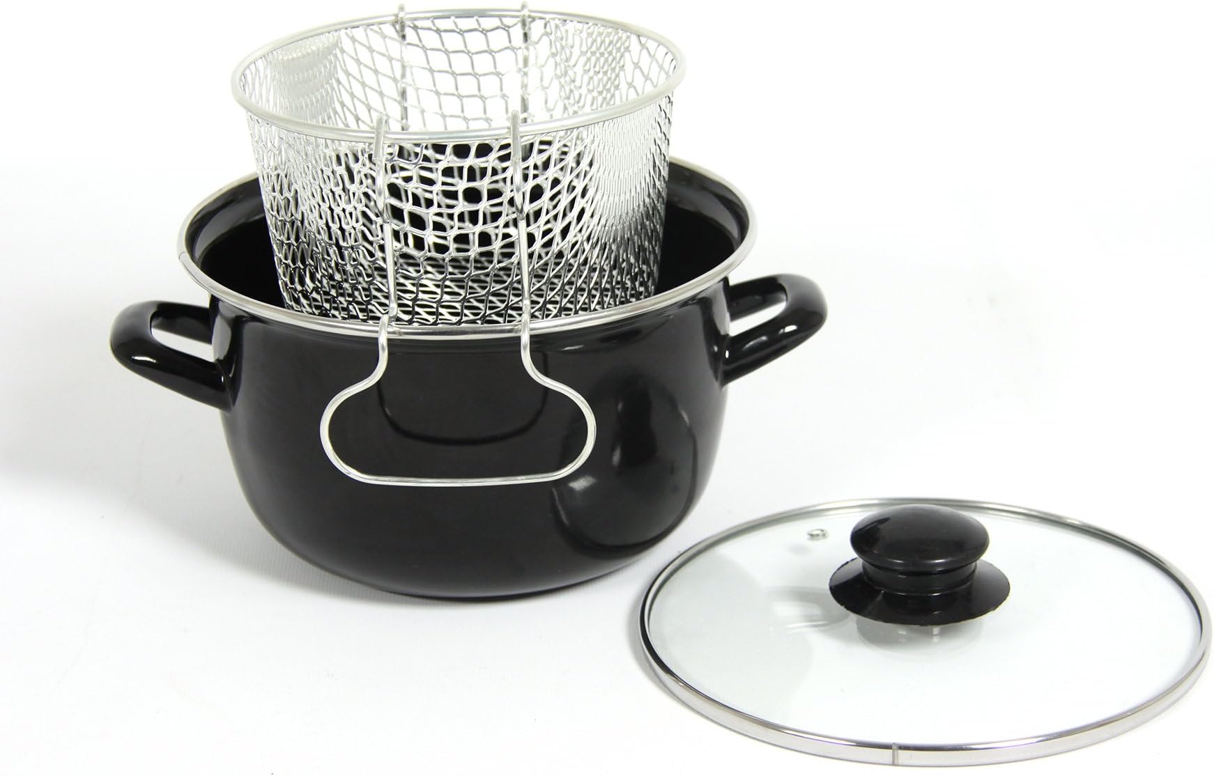 Menastyl Cooking 8012168ย Mini Cooking Pot with Fryer Basket Black Enamelled Steel for all Heat Sources including Induction