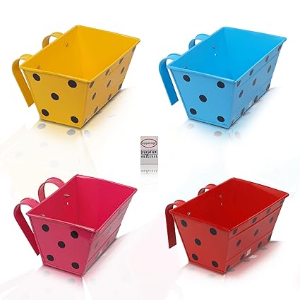 Pepper Agro Gardening Railing Balcony Planter Decorative Polka Dotted Hanging pots Metal Plant Container Assorted Colours Set of 4