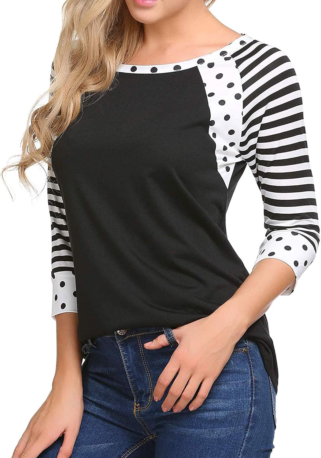 Zeagoo Women's Polka Dots Shirt Striped 3/4 Sleeve Casual Scoop Neck Tops Tee S-XXXL: Clothing