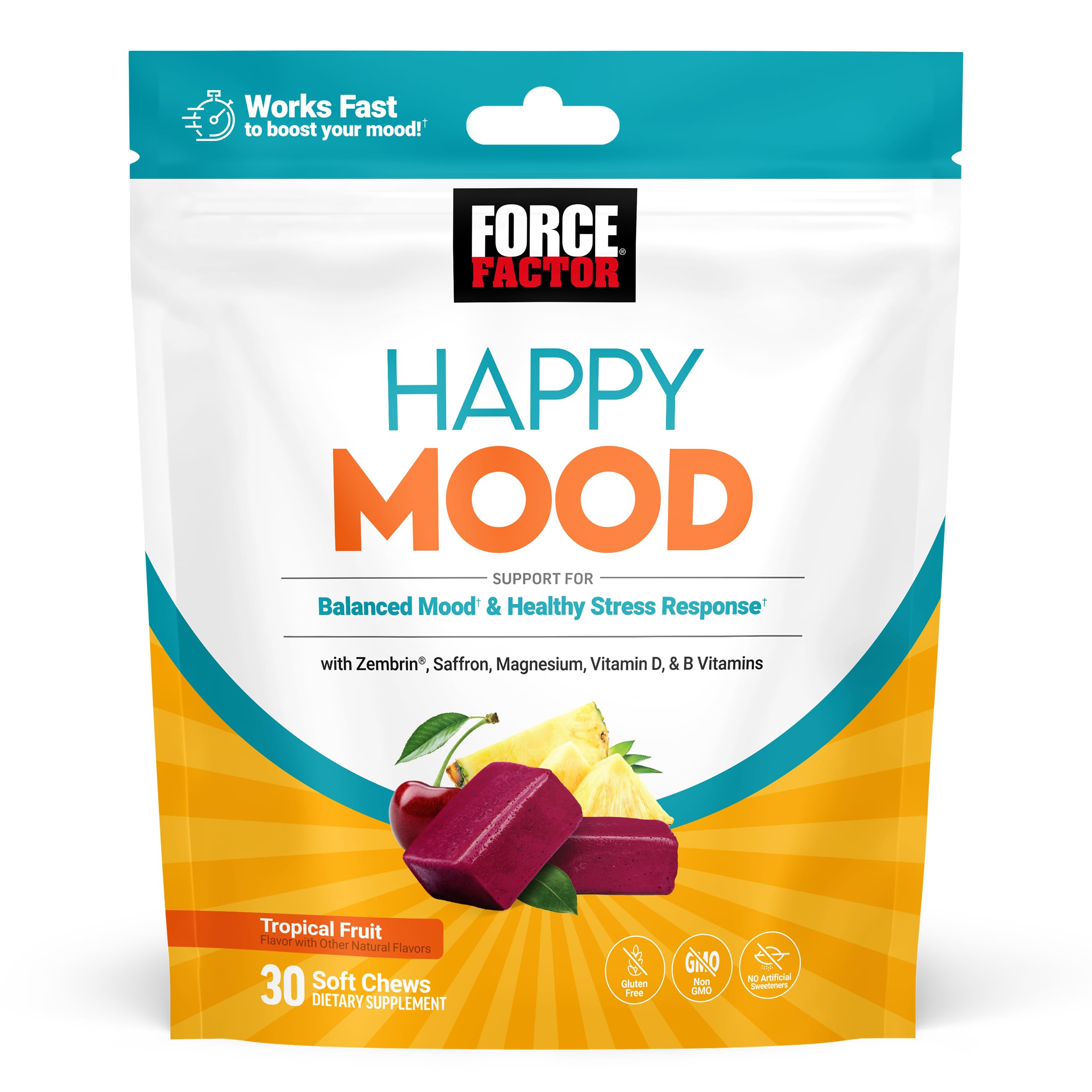 FORCE FACTOR Happy Mood, Mood Support and Mood Balance Supplement to Support Happiness, Positivity, and Stress, Made with Magnesium, Saffron, Zembrin, Non-GMO, Tropical Fruit Flavor, 30 Soft Chews