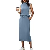 Casly Lamiit Women's 2 Piece Set Summer Casual Sleeveless Mock Neck Top Midi Skirts Lounge Travel Outfit