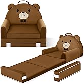 ORWIPO Kids Sofa Bed with Removable Washable Cover & Magic-Tape Backrest – Foldable Toddler Chair, Cozy Crystal Velvet Furniture for Playtime, Naps & Travel (Soft Brown, Bear Design)