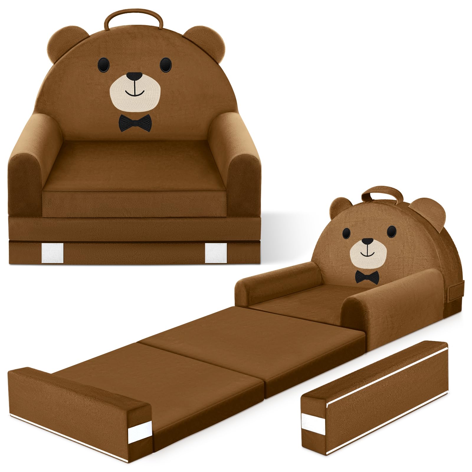 Photo 1 of ORWIPO Kids Sofa Bed with Removable Washable Cover & Magic-Tape Backrest – Foldable Toddler Chair, Cozy Crystal Velvet Furniture for Playtime, Naps & Travel (Soft Brown, Bear Design)