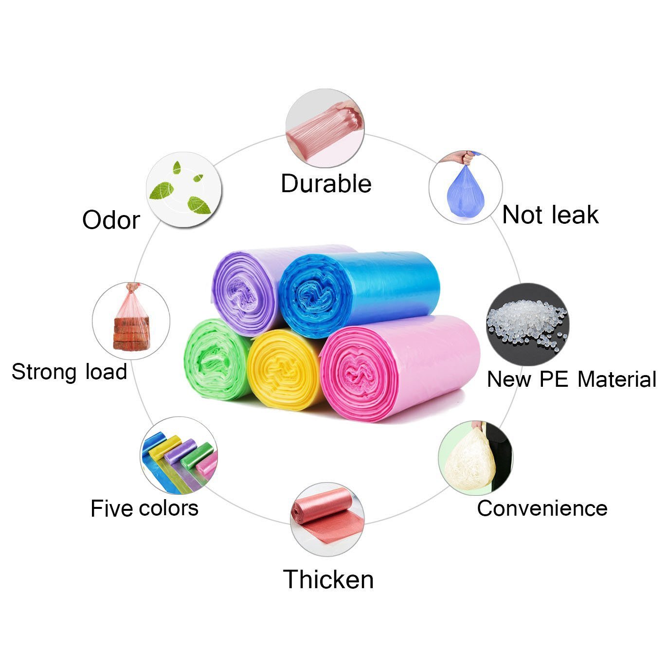 Small Trash Bags, Urcolor 5 Gallon Garbage Bags For Office, Home Waste Bin, 150 Counts 5 Color