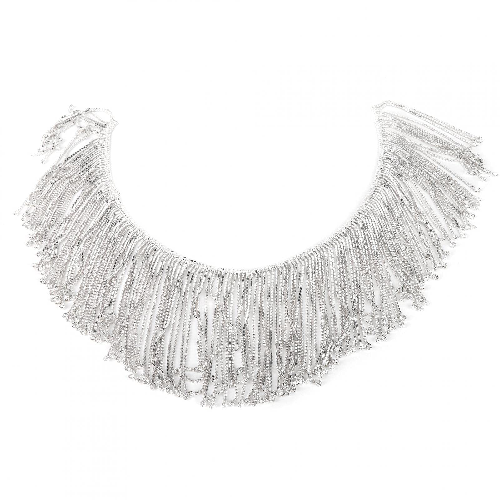 Long Diamond Tassel Chain,1 Yard Rhinestone Fringe Glitter Crystal Tassel Trim Diamond Fringe for Wedding Party Bridal Accessories DIY Crafts (Silver)