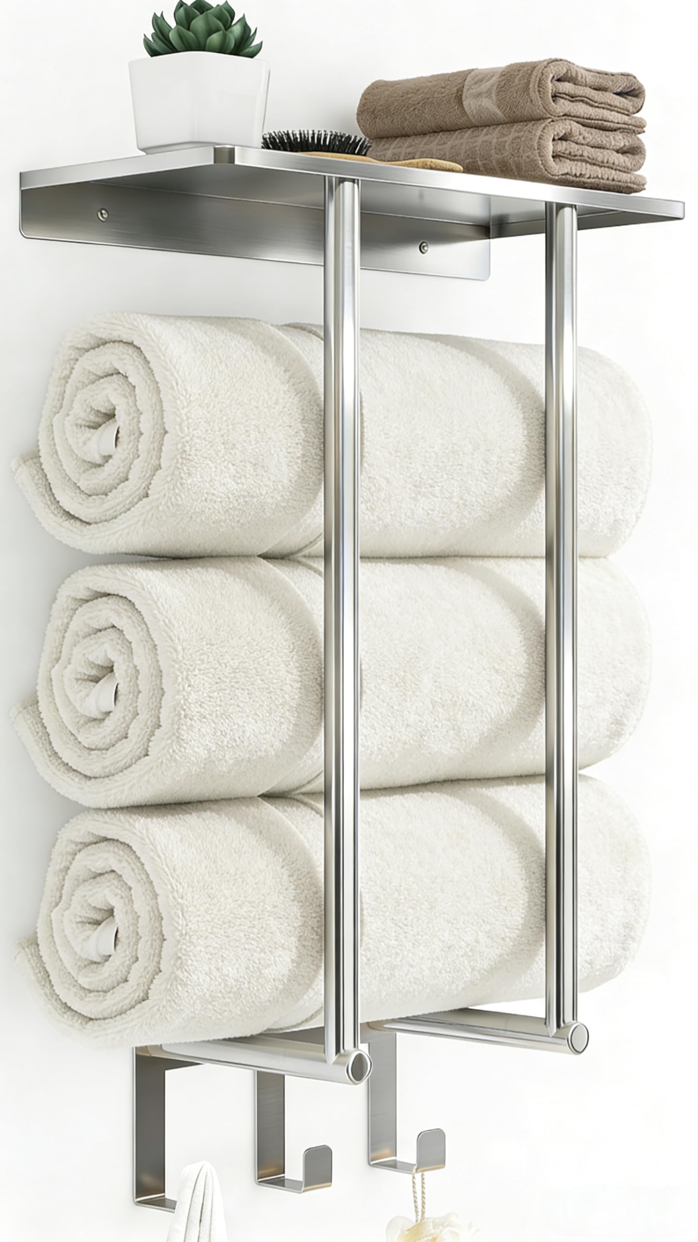 Towel Rack Wall Mounted, BETHOM Bathroom Towel Storage with Shelf and 3 Hooks for Small Bathroom, Bathroom Towel Holder Can Holds Up to 3 Large Size(160 x 100 cm) of Rolled Towels, Brushed Nickel