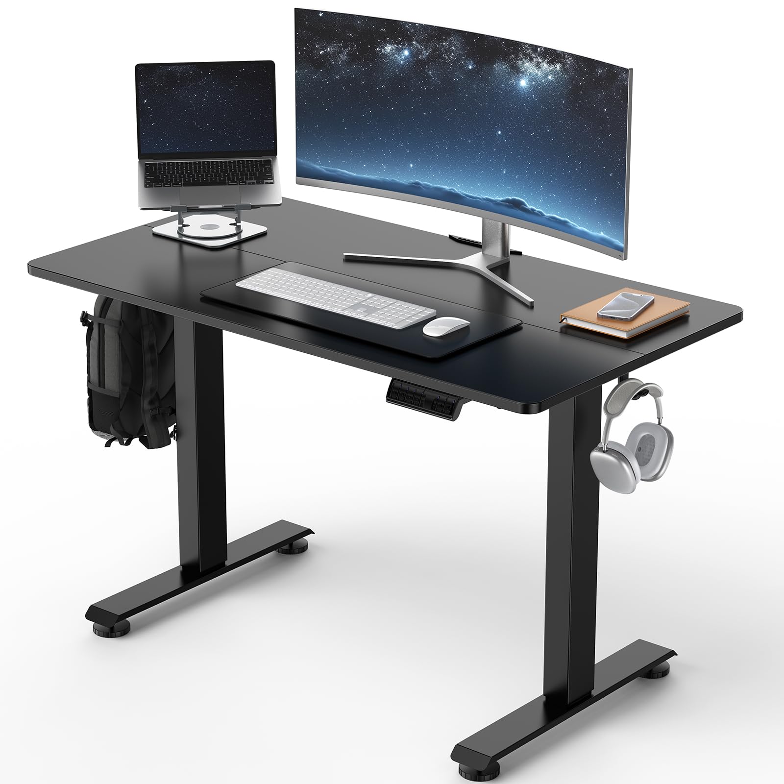 Veken 39.4" Small Electric Standing Desk, Adjustable Height Office Desk with Wood Desktop, Computer Table for Home Work, Study and Gaming, Small Spaces, Modern Furniture, Black Image
