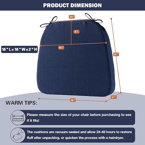 BATTILO CHAIR CUSHIONS FOR DINING CHAIRS WITH TIES, KITCHEN CHAIR PAD WITH NON-SLIP BACKING AND REMOVABLE COVER, INDOOR/OUTDOOR DINING SEAT CUSHION, 16″X16″X2″, SET OF 4, NAVY