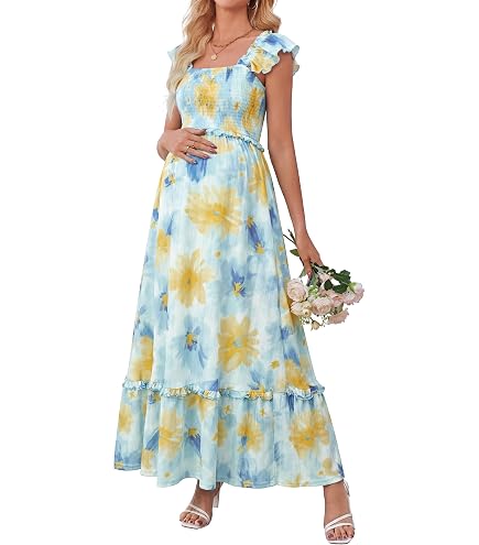 blue and yellow maternity dress Hatch The Ana Floral Short Maternity Dress Blue – For The Creators main image 0