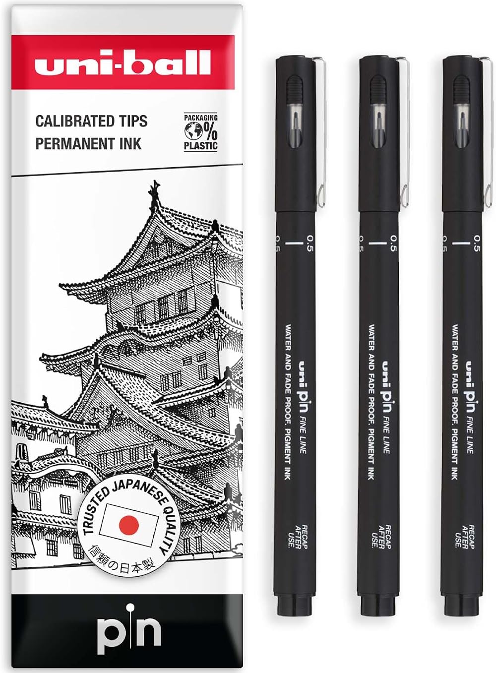 uni-ball PIN Fineliners Black 0.5mm Pack of 3 | Water & Fade Resistant Ink