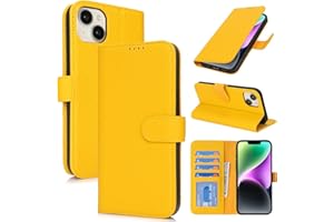 Zouzt Case for iPhone 14/13 6.1" Genuine Leather Wallet Case with 4 Card Slot, RFID Blocking Card Holder Magnetic Flip Folio Kickstand Shockproof Phone Cover Women Men for iPhone 14/13 - Yellow