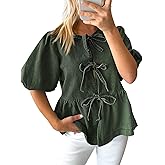 Tankaneo Womens Denim Tie Front Tops Babydoll Peplum Puff Sleeve Jean Shirts Crew Neck Summer Casual Bow Blouses