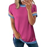 Acelitt Women Casual Summer Tops Short Sleeve Shirts Crewneck Loose Color Block Ribbed T Shirt Tees, S-XXL