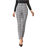 WDIRARA Women's Plaid High Waist Belted Skinny Pants Casual Stretchy Leggings